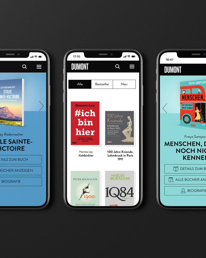 Dumont Buchverlag - Webseite auf Smartphone, drei unterschiedliche Seiten Dumont Buchverlag - Webseite auf Smartphone, drei unterschiedliche Seiten