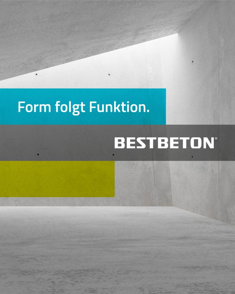 Bestbeton - Form folgt Funktion. Logo auf drei farbigen Balken und Betonwand