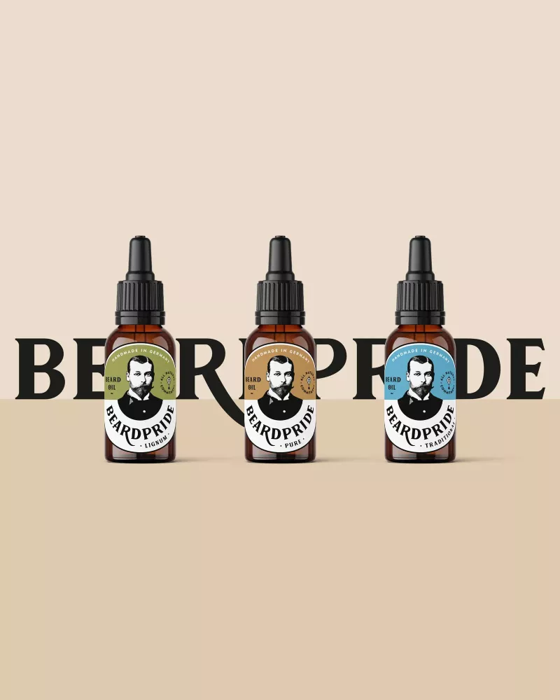 Beradpride Logo, drei Flaschen mit Pipetten, unterschiedliche Sorten Beradpride Logo, drei Flaschen mit Pipetten, unterschiedliche Sorten