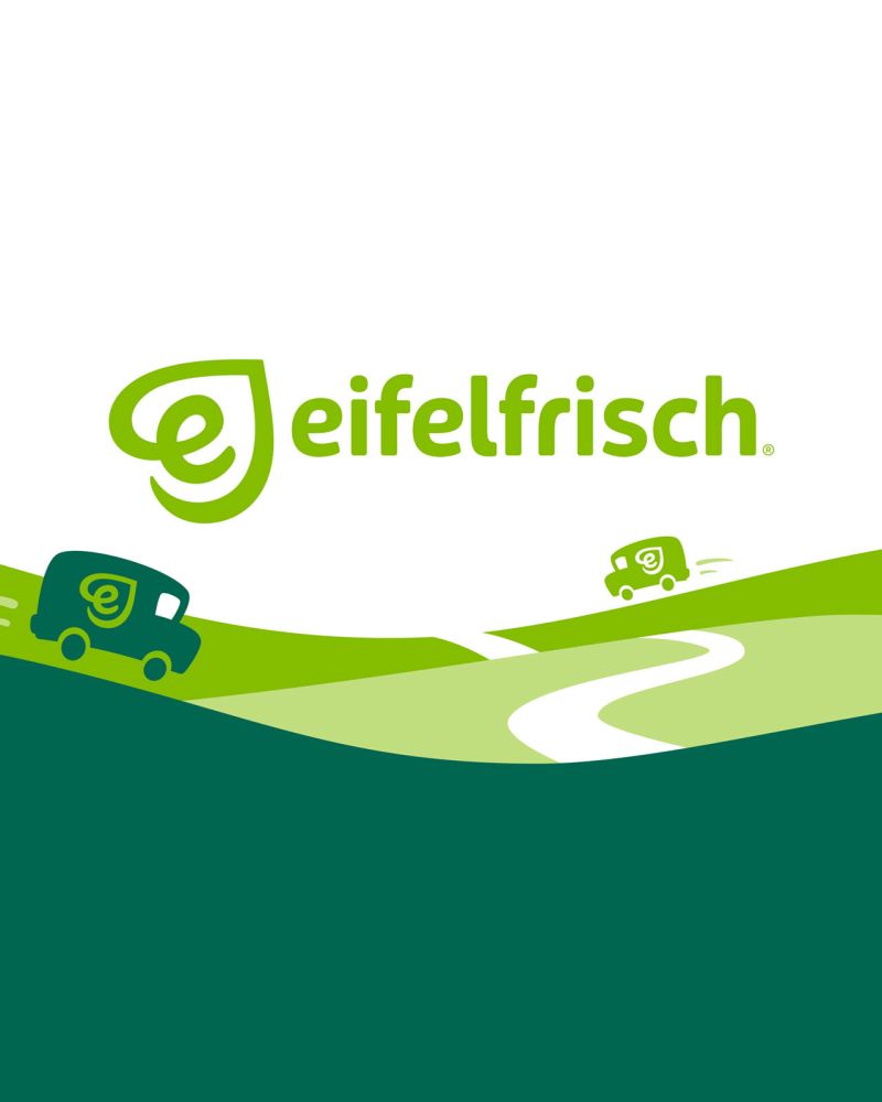 eifelfrisch Logo über grüner Illustration zum Lieferservice mit Lieferwagen, die über Hügel durch die Eifel fahren eifelfrisch Logo über grüner Illustration zum Lieferservice mit Lieferwagen, die über Hügel durch die Eifel fahren