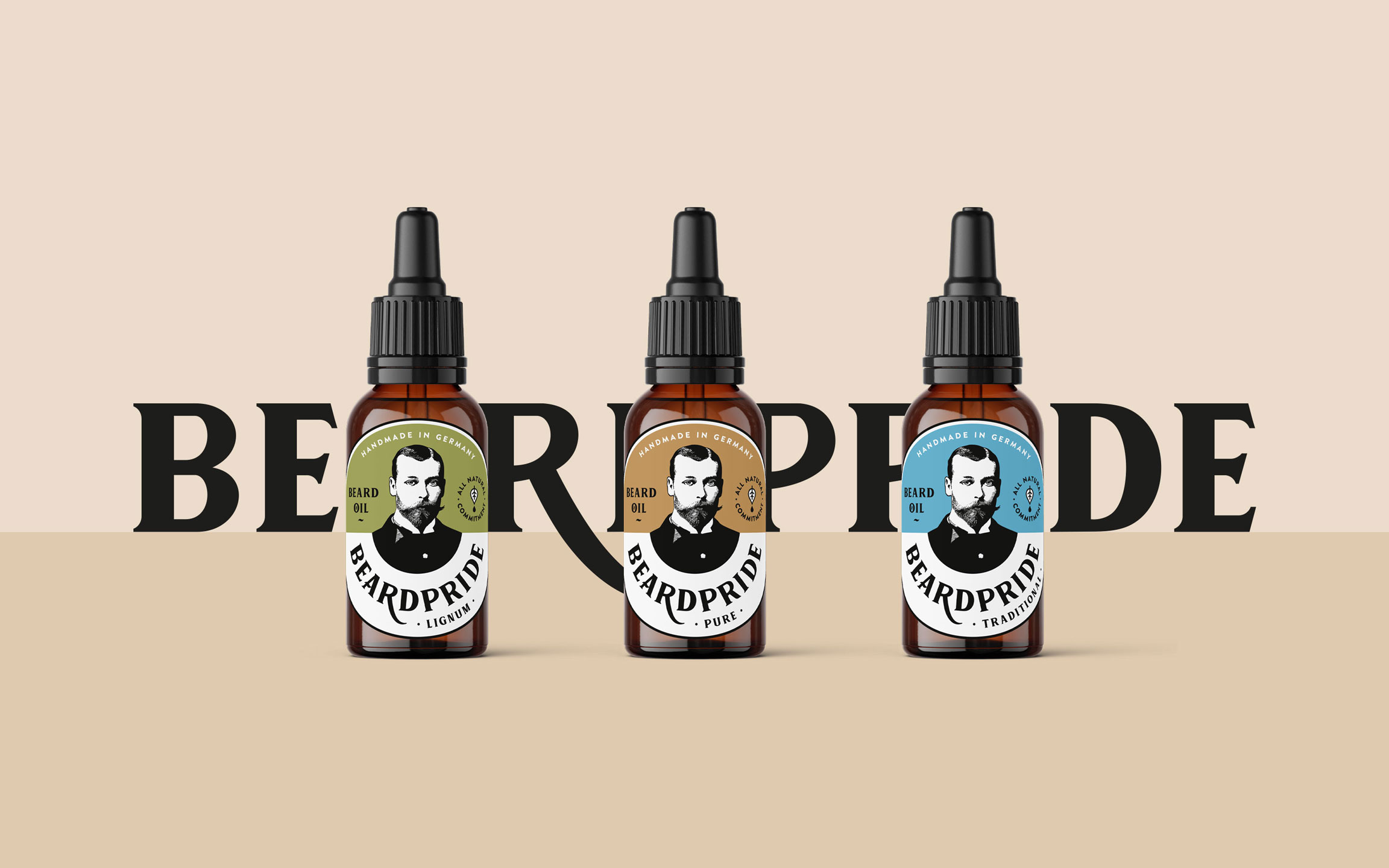 Beradpride Logo, drei Flaschen mit Pipetten, unterschiedliche Sorten Beradpride Logo, drei Flaschen mit Pipetten, unterschiedliche Sorten