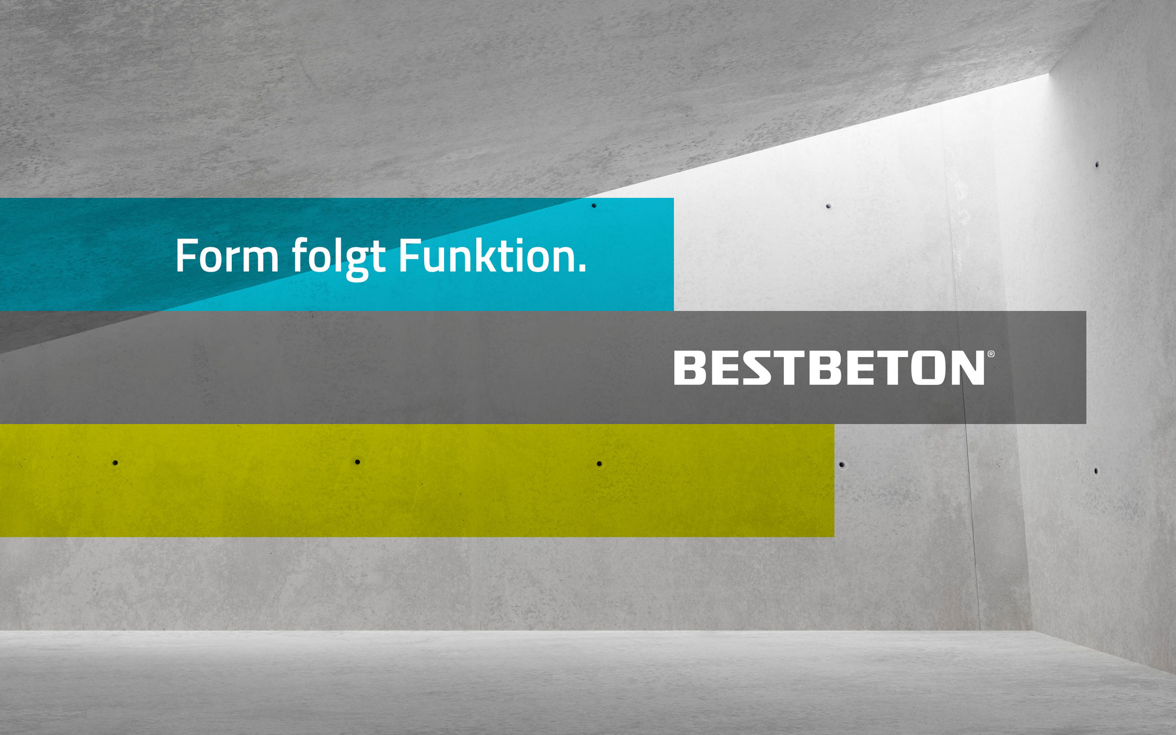 Bestbeton - Form folgt Funktion. Logo auf drei farbigen Balken und Betonwand Bestbeton - Form folgt Funktion. Logo auf drei farbigen Balken und Betonwand