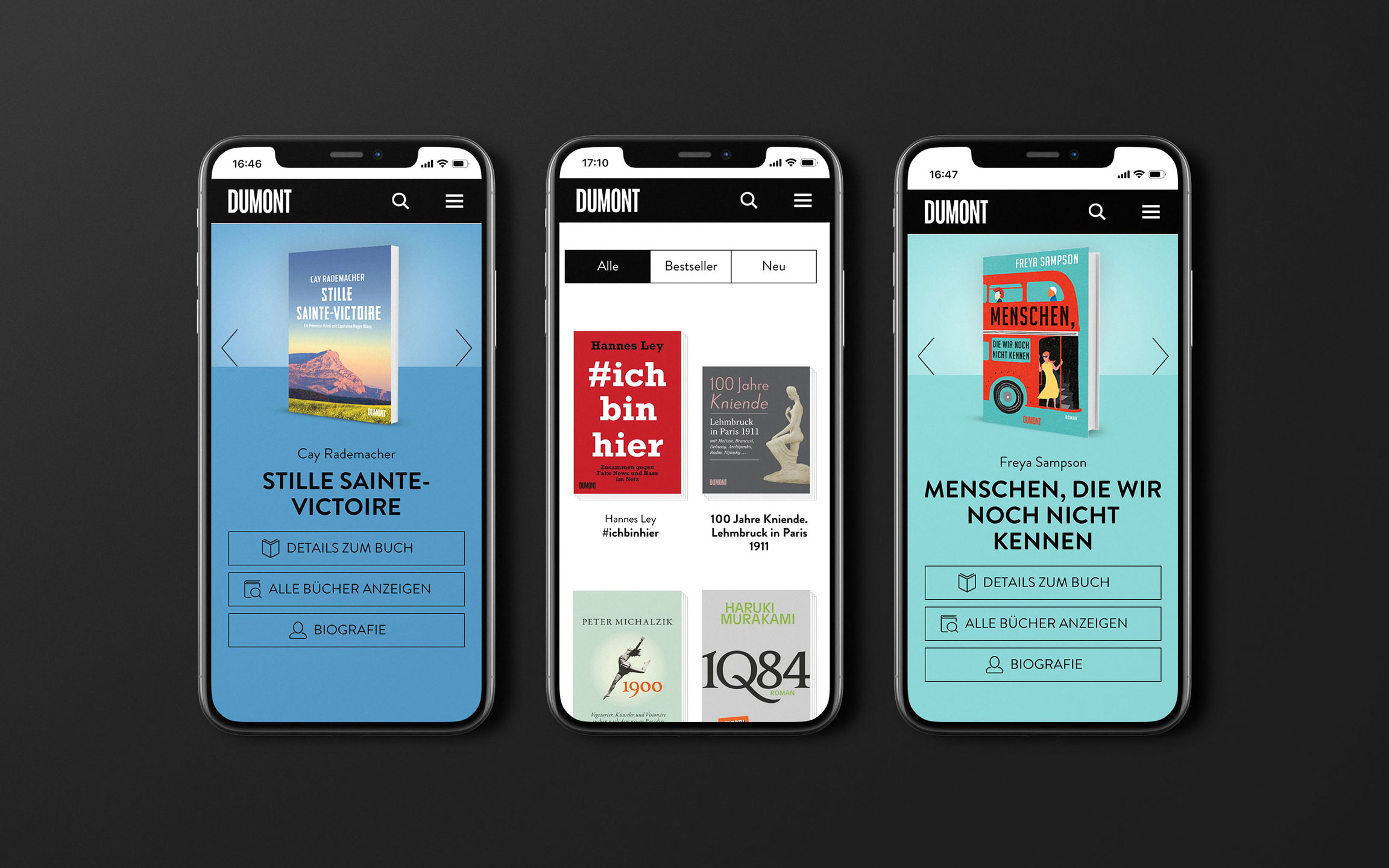 Dumont Buchverlag - Webseite auf Smartphone, drei unterschiedliche Seiten Dumont Buchverlag - Webseite auf Smartphone, drei unterschiedliche Seiten