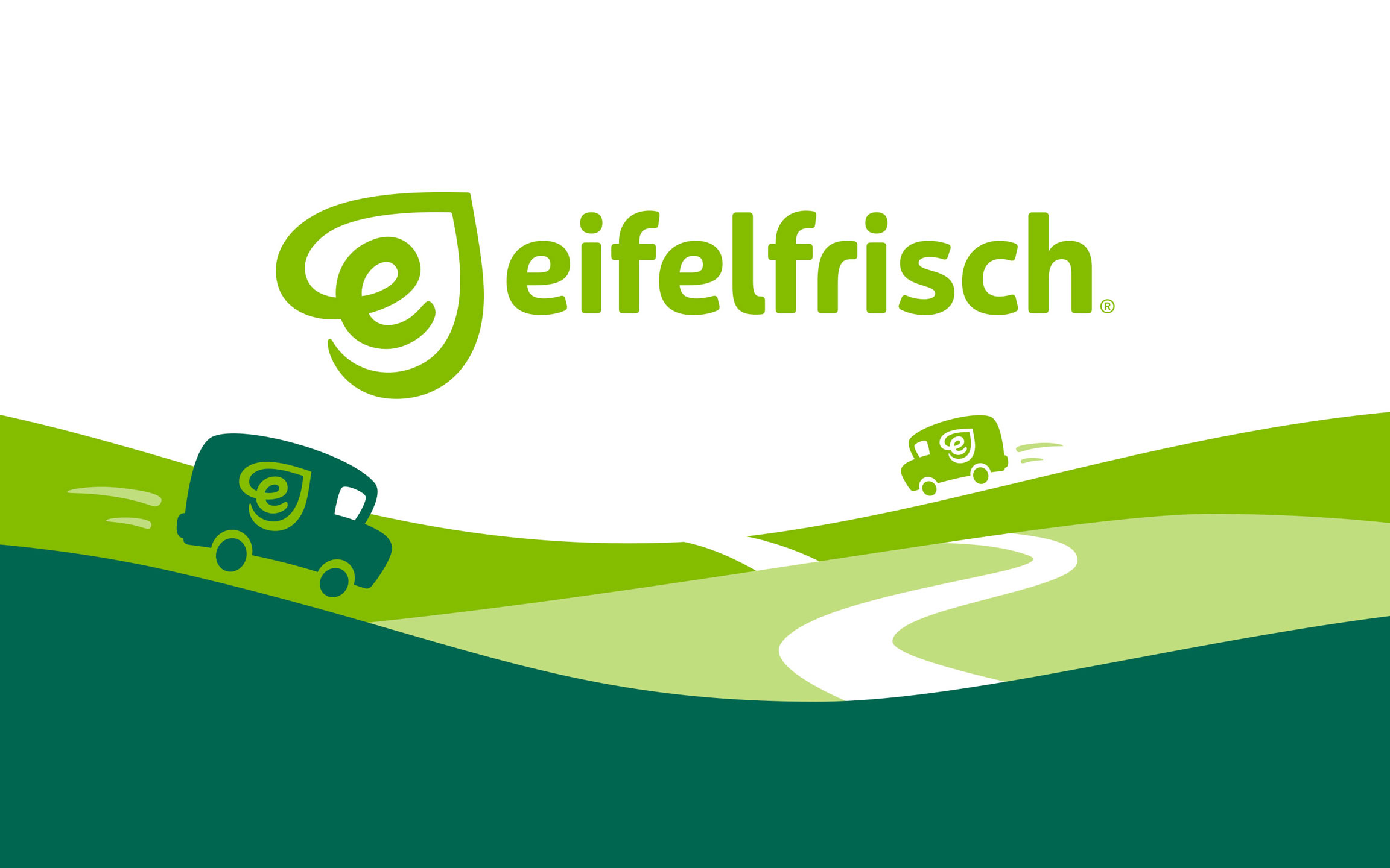 eifelfrisch Logo über grüner Illustration zum Lieferservice mit Lieferwagen, die über Hügel durch die Eifel fahren eifelfrisch Logo über grüner Illustration zum Lieferservice mit Lieferwagen, die über Hügel durch die Eifel fahren