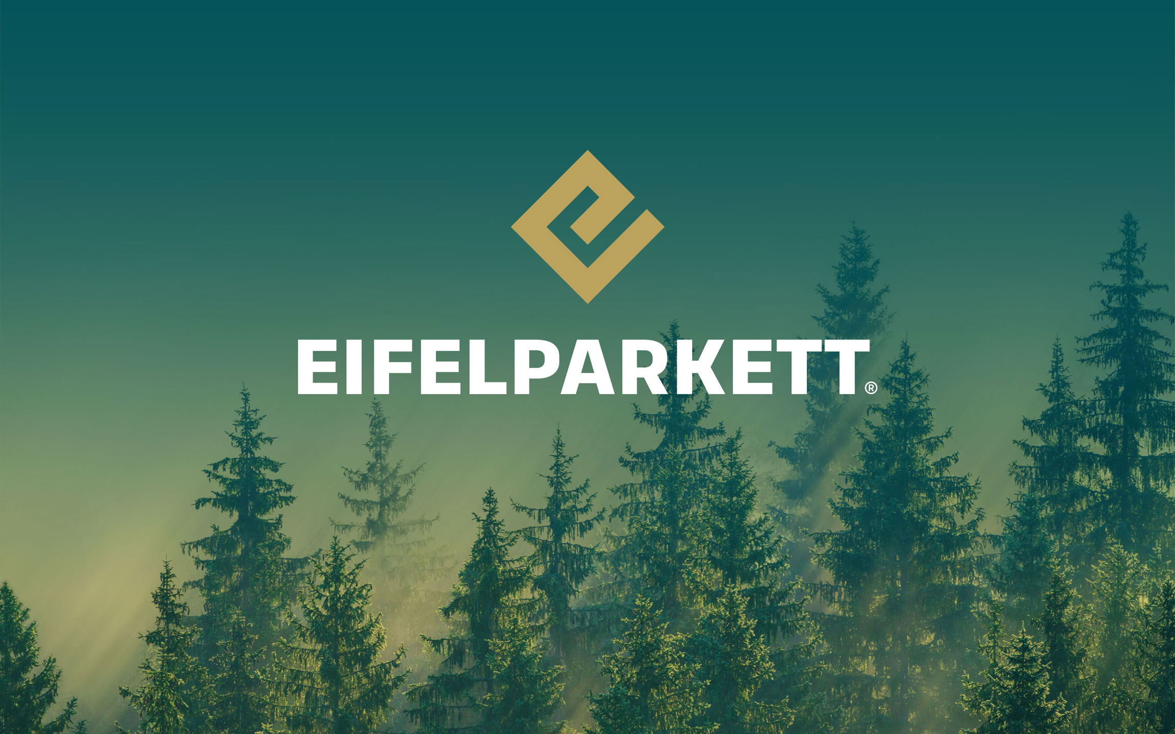 eifelparkett Logo vor dunkelgrünem Hintergrund mit Wald