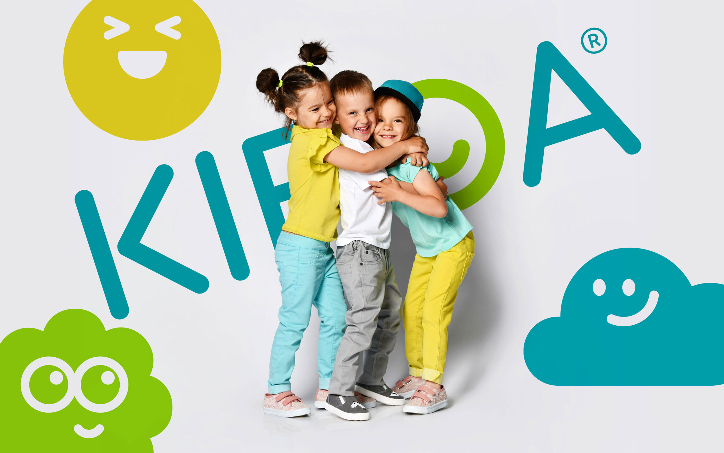 KIBOA Logo, Kindertagesstätte in Stuttgart, drei süße Kinder stehen vor dem Logos und witzigen, bunten Illustrationen KIBOA Logo, Kindertagesstätte in Stuttgart, drei süße Kinder stehen vor dem Logos und witzigen, bunten Illustrationen