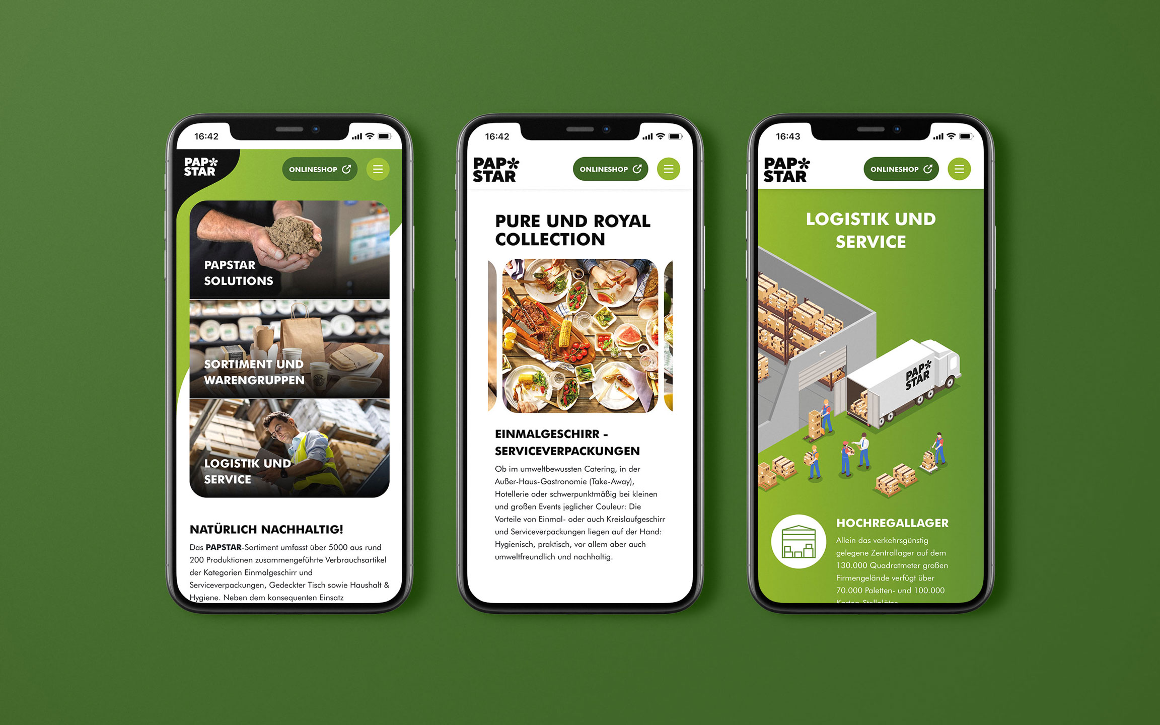 Papstar Webseite auf Smartphone, drei unterschiedliche Ansichten Papstar Webseite auf Smartphone, drei unterschiedliche Ansichten
