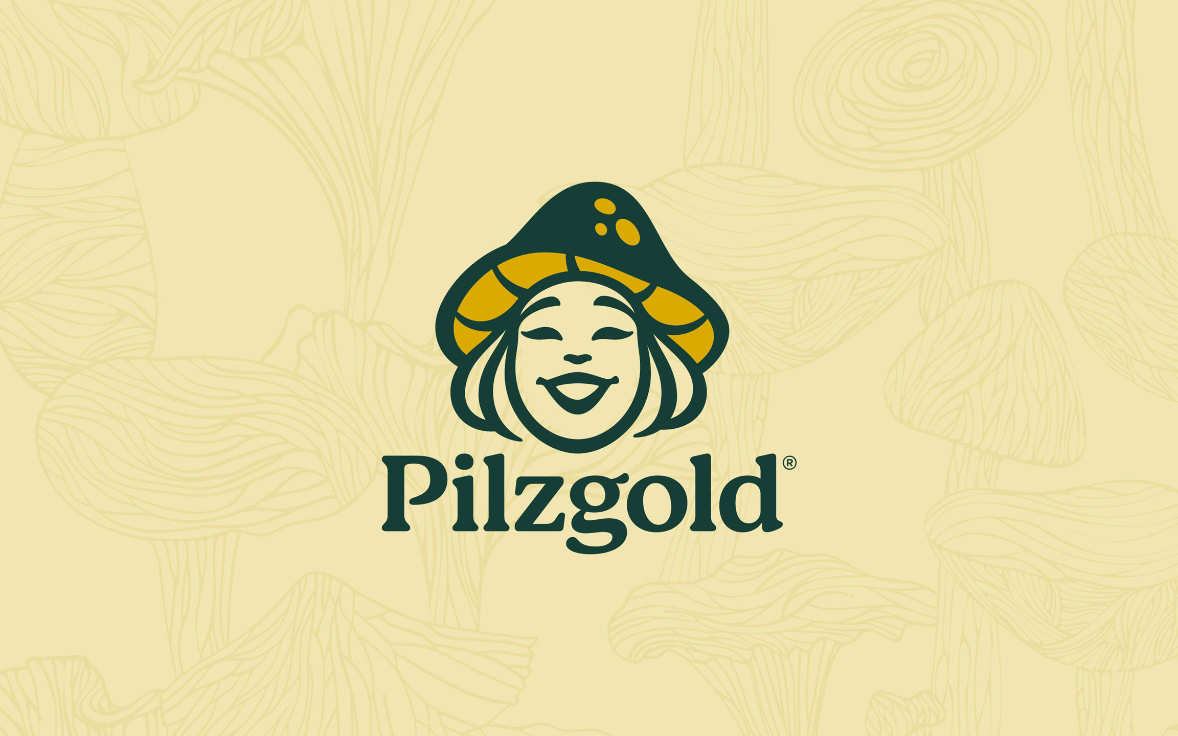 Pilzgold Logo vor hellgelbem Hintergrund mit Pilzmuster Pilzgold Logo vor hellgelbem Hintergrund mit Pilzmuster